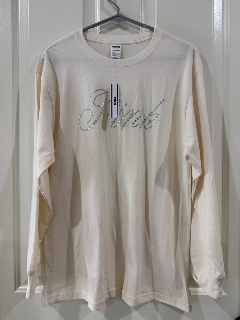 PINK Victoria’s Secret Campus Crew BLING Long-Sleeve T-shirt - OFF-WHITE/CREAM